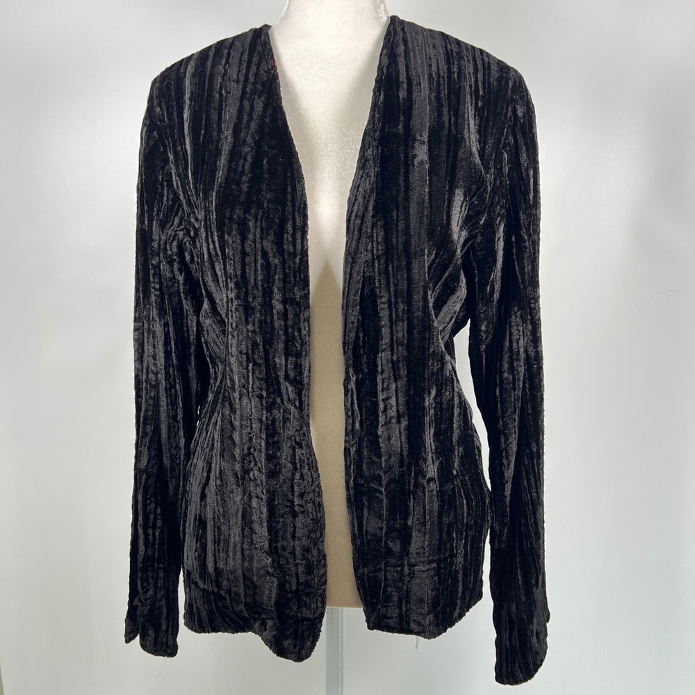 Mirasol Black Crushed Velvet Open Front Jacket Red Paisley Lining Size Medium